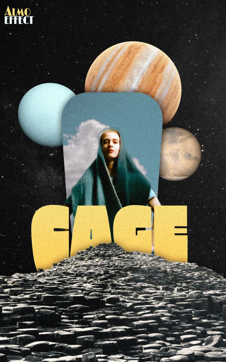 The musician and singer 'Cage' in front of a mirror like object showing the sky. Arround the mirror object are three planets visible. The text 'Cage' is shown below of the musician and a stone street.