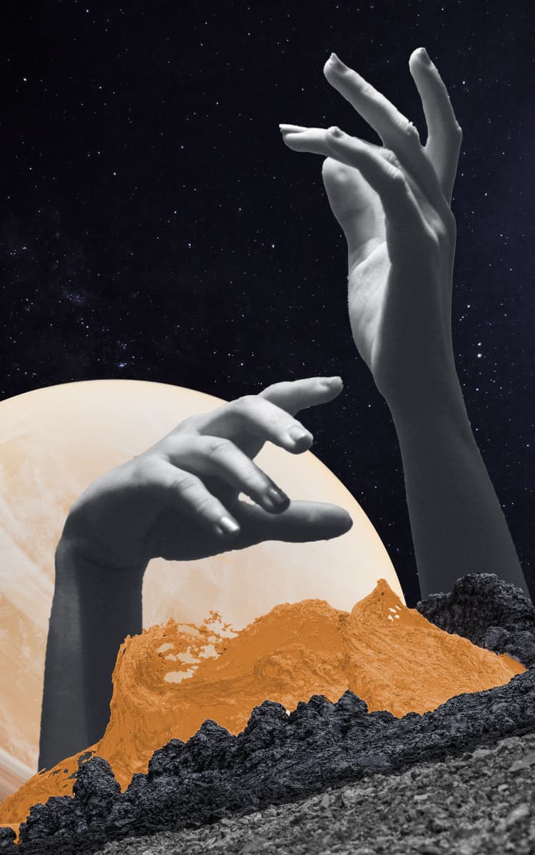 In front of stars and space there is a black and white vulcano with orange lava shown. Behind the volcano two arms are rising above in the sky and the text 'ALMO EFFECT' is shown