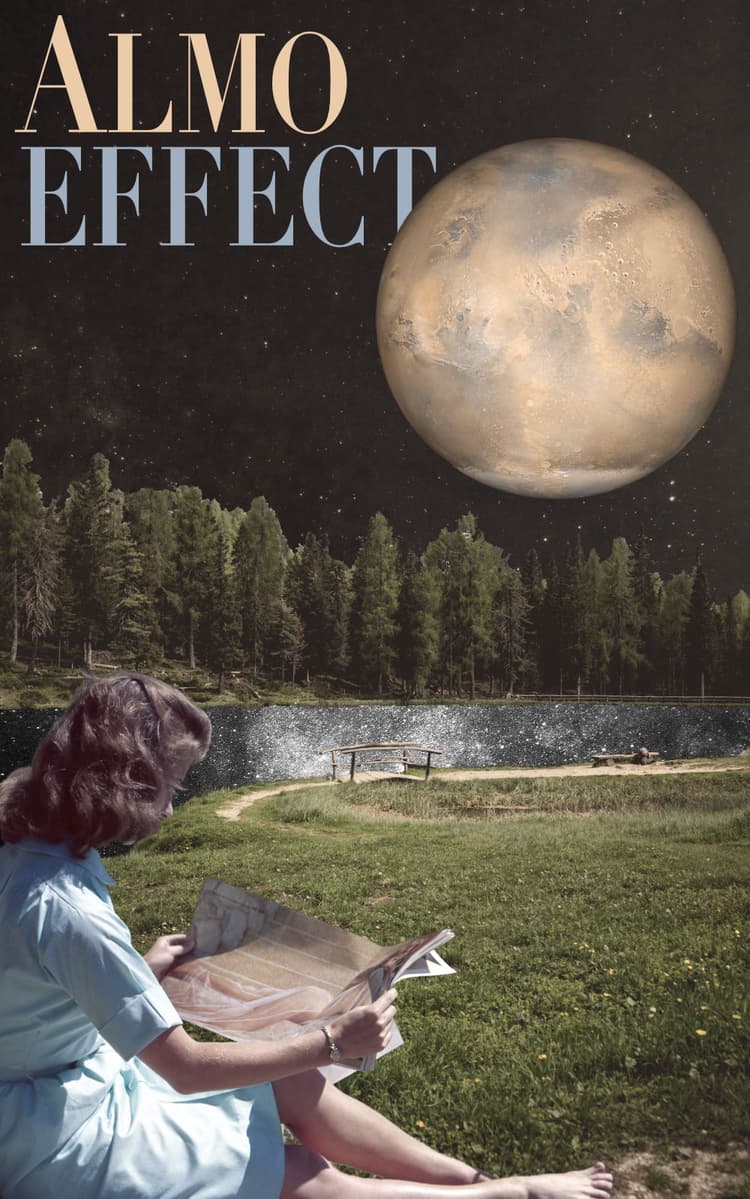 Women reading a magazine is sitting in front of a lake on the gras. The lake is filled with stars and behind the lake there is a forest. Above the forest the night sky with stars are shown as well as a planet and the text 'ALMO EFFECT'