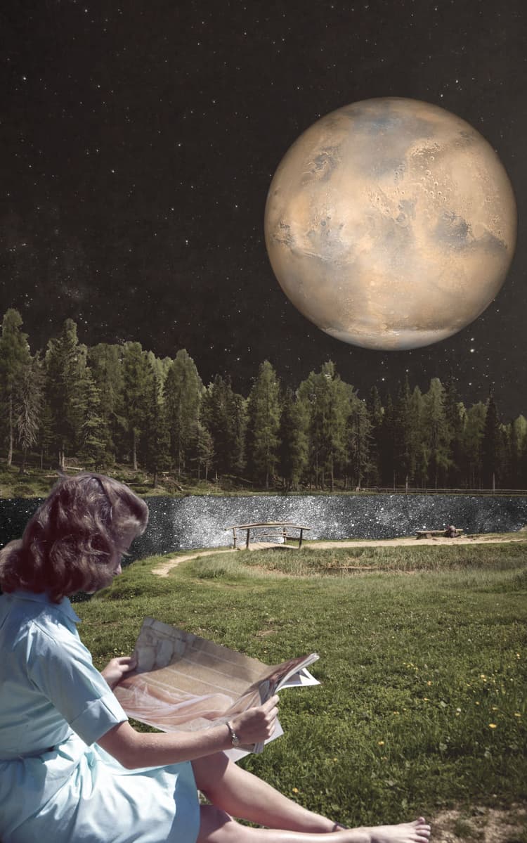 Women reading a magazine is sitting in front of a lake on the gras. The lake is filled with stars and behind the lake there is a forest. Above the forest the night sky with stars are shown as well as a planet and the text 'ALMO EFFECT'
