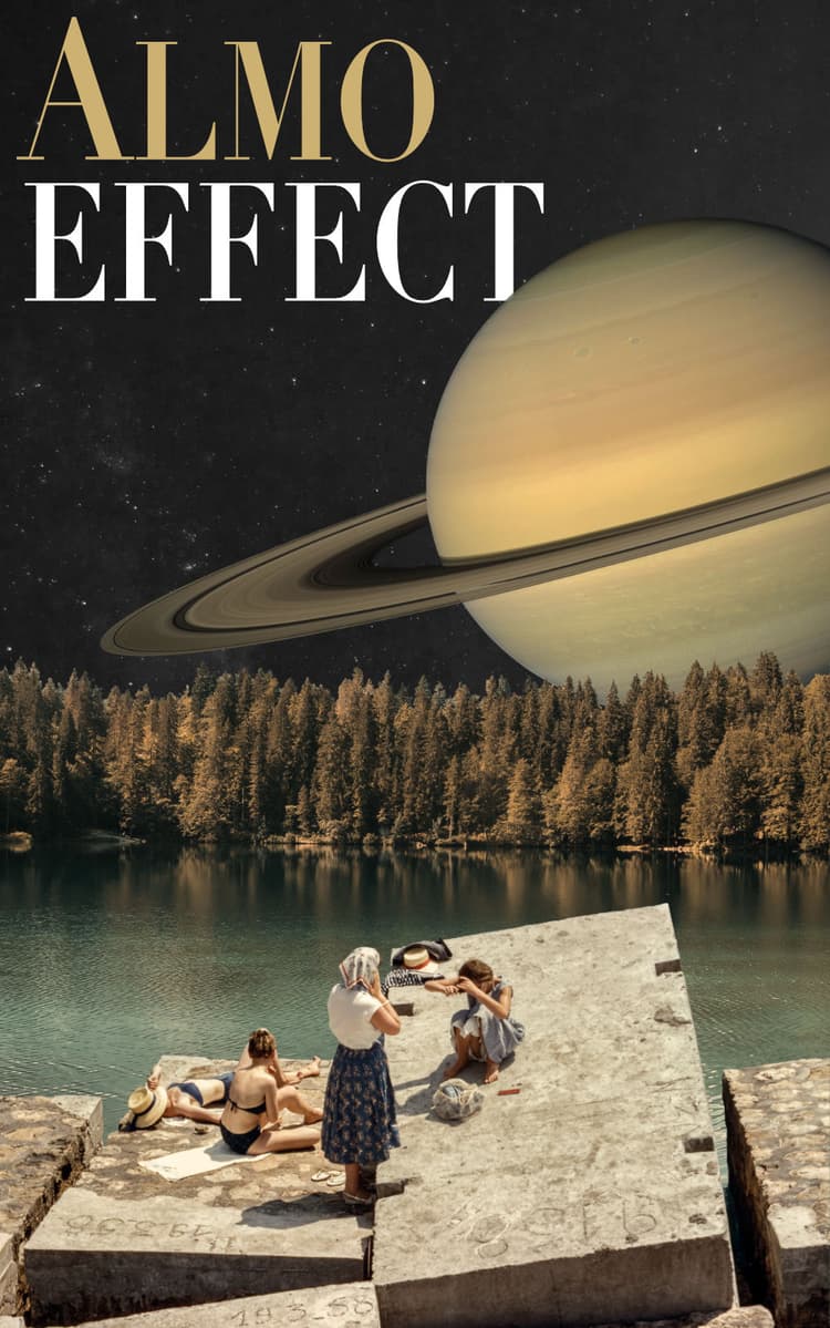 Women are laying at big stones in front of a lake surrounded by trees. Behind saturn and above the text 'ALMO EFFECT' is shown. The pieces in the artwork are in the photographic style of the 50s.
