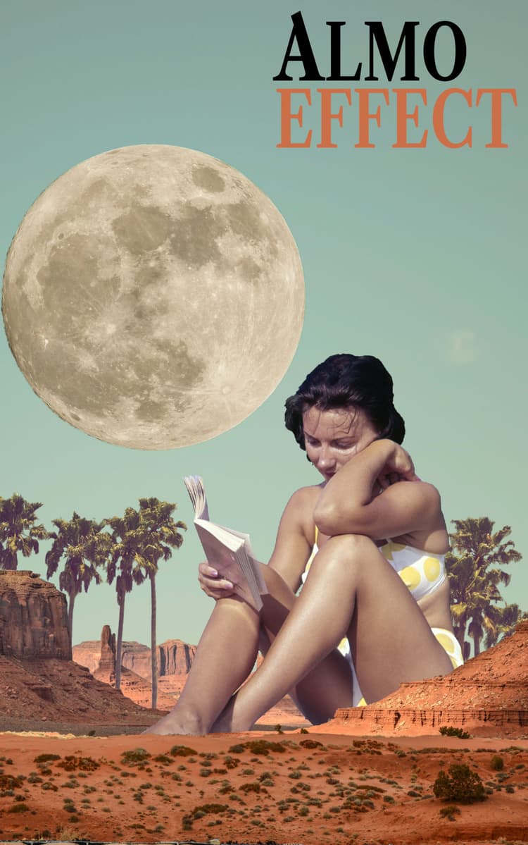 Woman in bikin is reading a book while sitting between the hills of the grand canyon. Above her is the moon on the left and the text 'ALMO EFFECT' on the right. She is also surrounded by palms