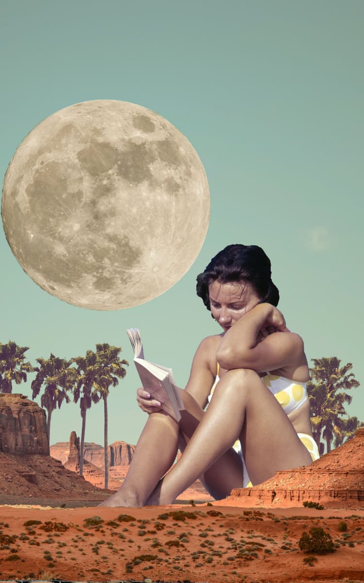 Woman in bikin is reading a book while sitting between the hills of the grand canyon. Above her is the moon on the left and the text 'ALMO EFFECT' on the right. She is also surrounded by palms