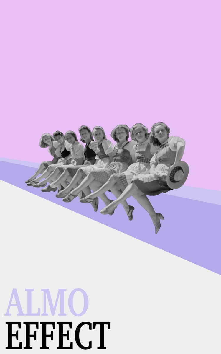 Women sitting on a purple line, surrounded by purple shades and the text 'ALMO EFFECT'