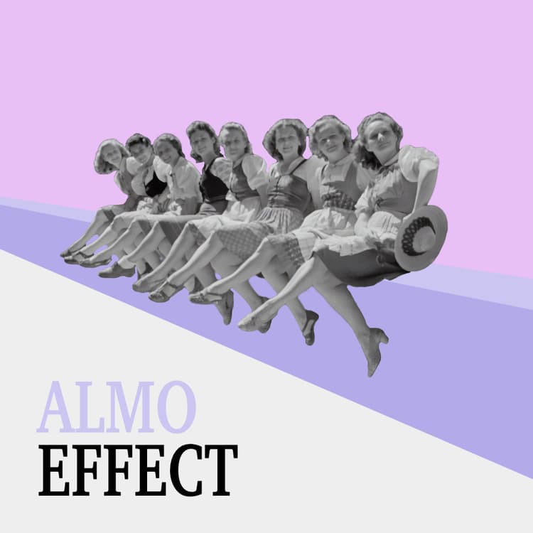 Women sitting on a purple line, surrounded by purple shades and the text 'ALMO EFFECT'