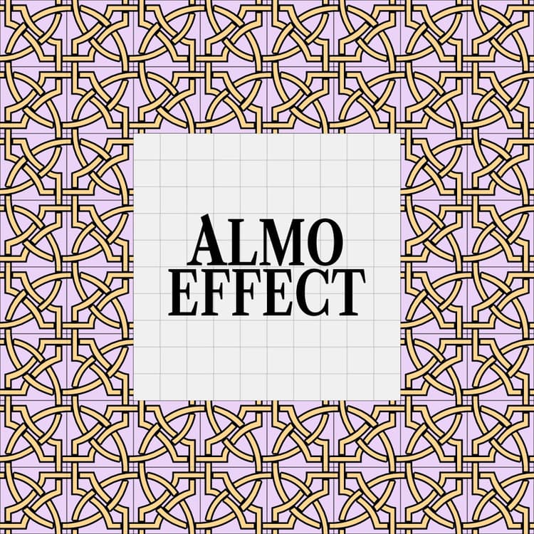 The text 'ALMO EFFECT' is aligned in a rectangle of tiles with purple background and yellow circles