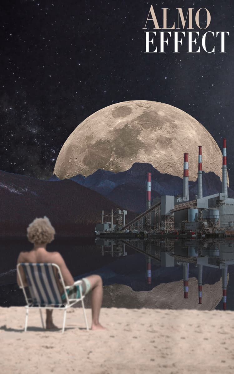A blond guy in a camping chair is sitting in front of a lake with mountains, the moon and stars in the background and looking at a big factory build by the lake
