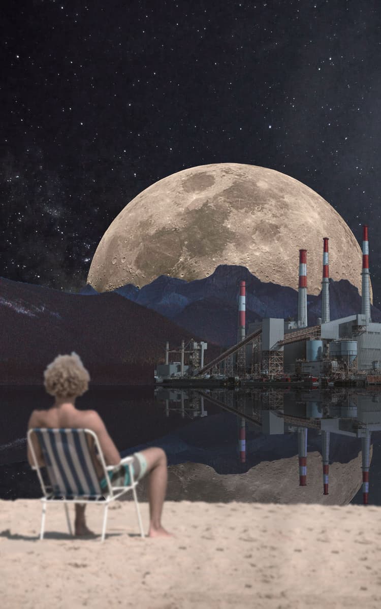 A blond guy in a camping chair is sitting in front of a lake with mountains, the moon and stars in the background and looking at a big factory build by the lake