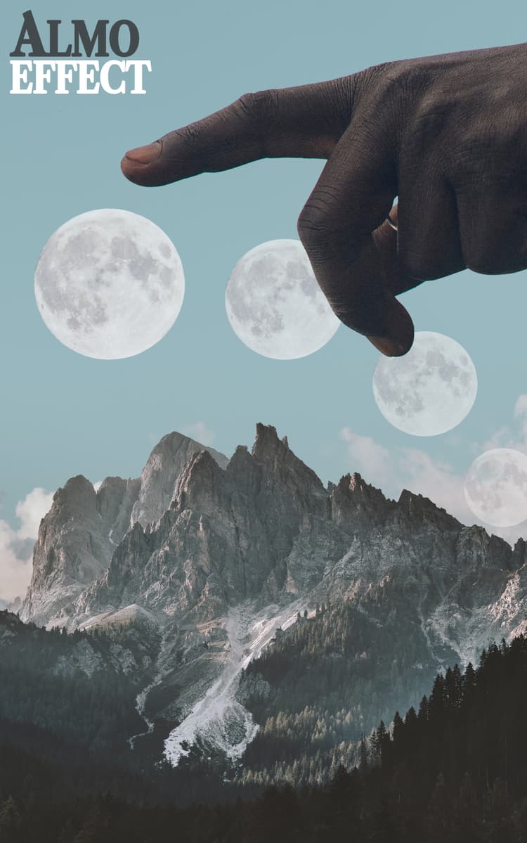 A hand is pointing at a fading moon on top of mountains and a forest