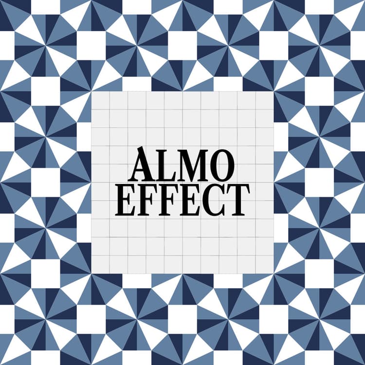 The text 'ALMO EFFECT' is aligned in a rectangle of tiles with light and dark blue background and circles