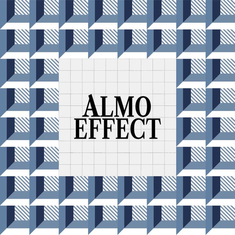 The text 'ALMO EFFECT' is aligned in a rectangle of tiles with light and dark blue background and squares