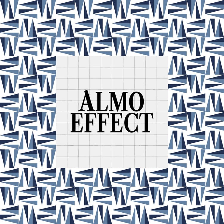 The text 'ALMO EFFECT' is aligned in a rectangle of tiles with light and dark blue background and triangles