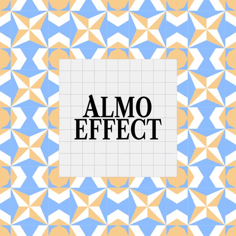 The text 'ALMO EFFECT' is aligned in a rectangle of tiles with light orange and dark blue background out of stars and triangles