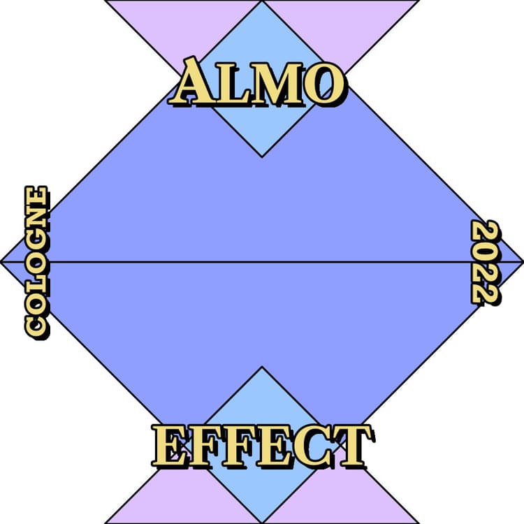 The text 'ALMO EFFECT' is aligned in the middle of the tile with white background and purple and rose triangles