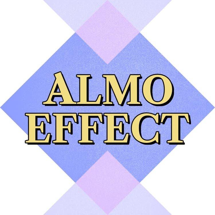 The text 'ALMO EFFECT' is aligned in the middle of the tile with white background and purple and rose triangles