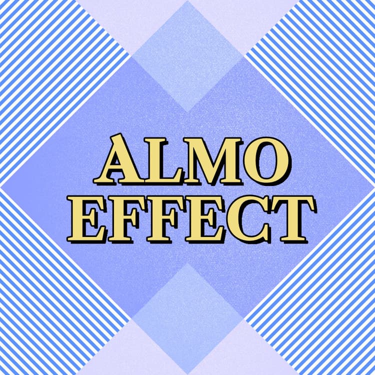The text 'ALMO EFFECT' is aligned in the middle of the tile with white background and purple and rose triangles
