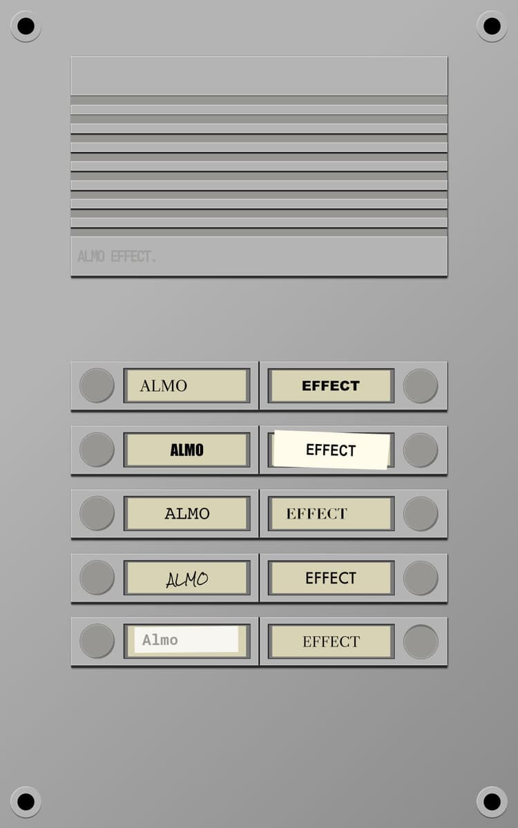 A bell sign with a speaker and 10 bells in pairs of two beneath it. The bell signs saying 'ALMO EFFECT'.