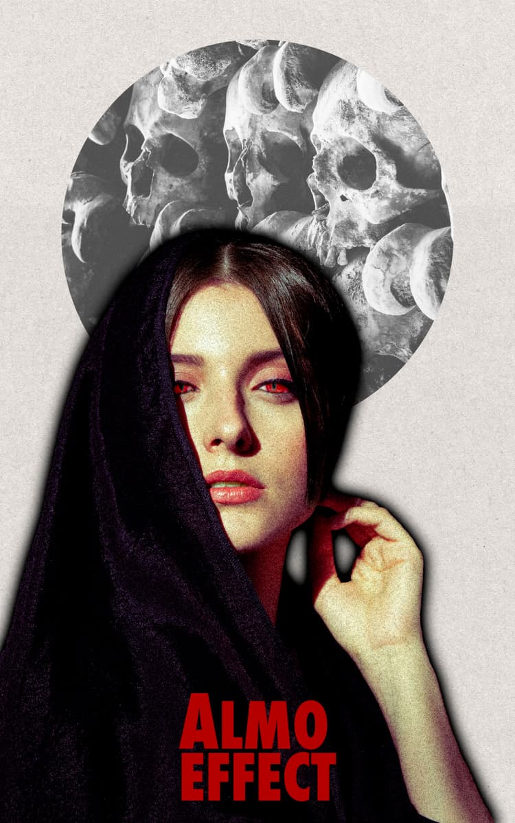 A woman with red snake like eyes and a cape is shown in front of a cricle filled with skulls. In the center below the text 'ALMO EFFECT' is shown.