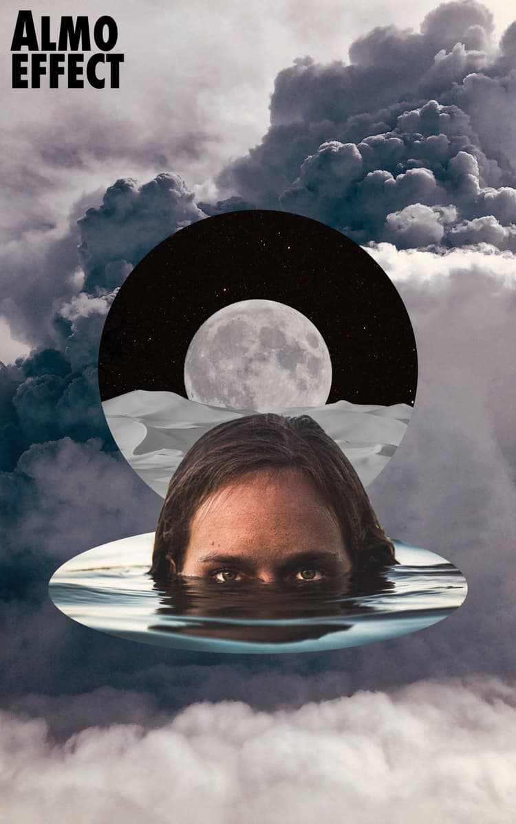 A woman diving through the water is shown in front of a circle filled with a gray desert and a rising moon. Behind that the whole image is filled with clouds. In the upper left the text 'ALMO EFFECT' is shown.