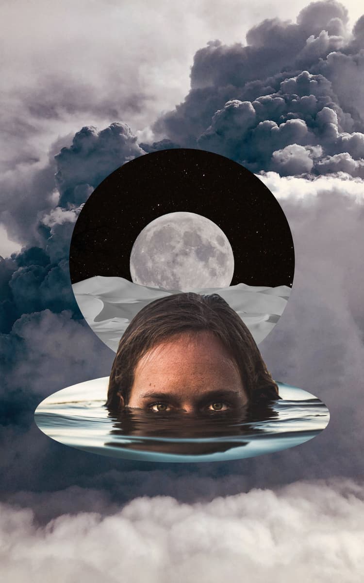 A woman diving through the water is shown in front of a circle filled with a gray desert and a rising moon. Behind that the whole image is filled with clouds. In the upper left the text 'ALMO EFFECT' is shown.