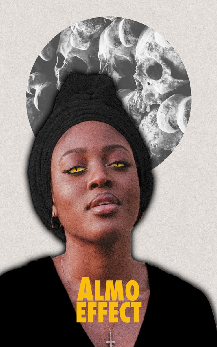 A woman with yellow snake like eyes and a headscarf is shown in front of a cricle filled with skulls. In the center below the text 'ALMO EFFECT' is shown.