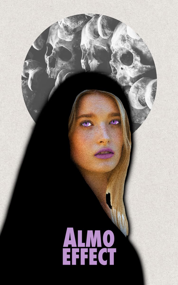 A woman with purple snake like eyes and a cape is shown in front of a cricle filled with skulls. In the center below the text 'ALMO EFFECT' is shown.
