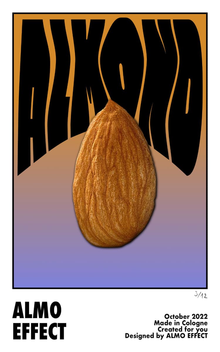 An single almond shown before a yellow to purple/turkis background. Behind the almond the text 'ALMOND' is shown in wavey letters.
Underneath all of it the text 'ALMO EFFECT' is printed.