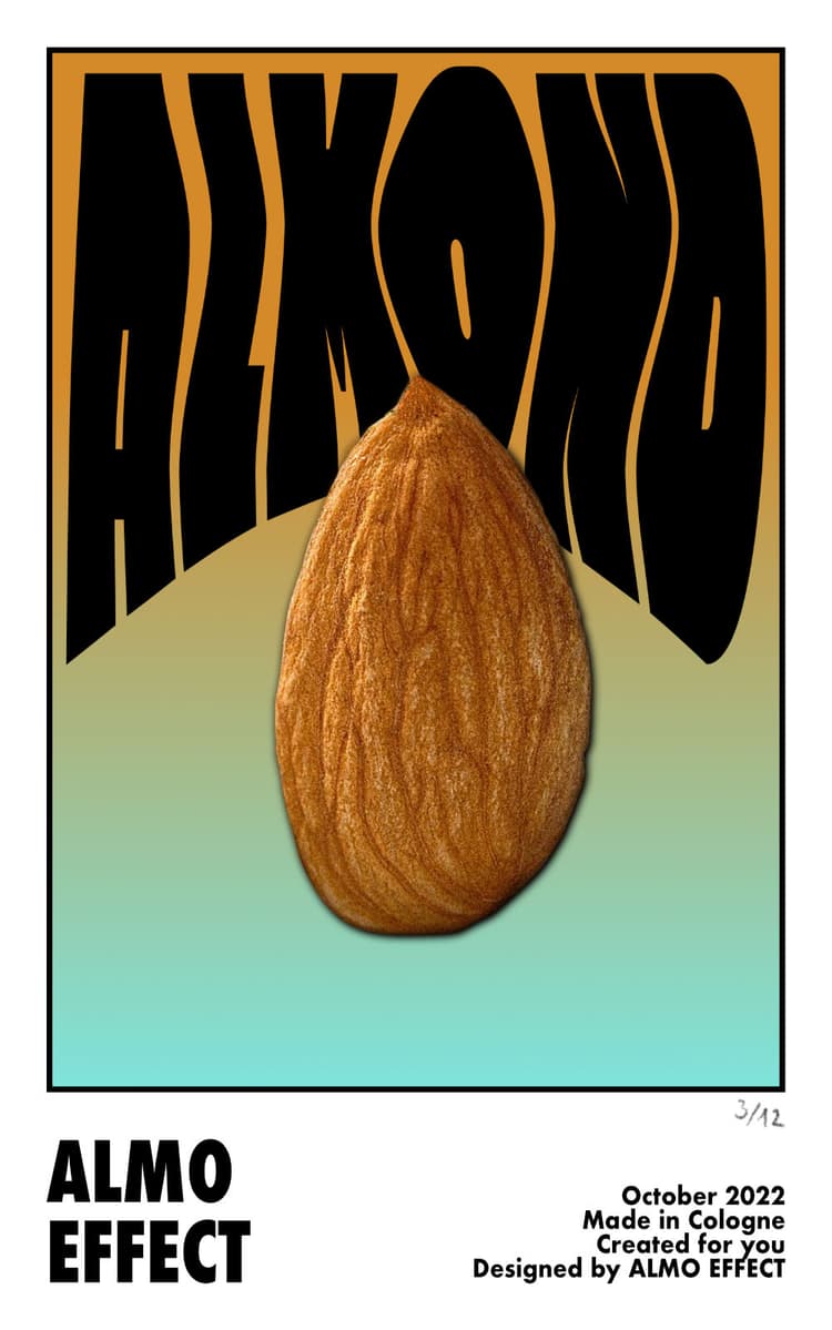 An single almond shown before a yellow to purple/turkis background. Behind the almond the text 'ALMOND' is shown in wavey letters.
Underneath all of it the text 'ALMO EFFECT' is printed.