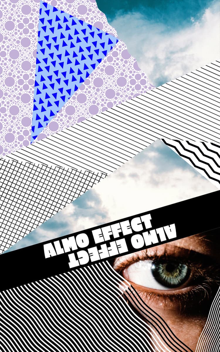 Different geometric shapes, lines, circles, triangles are arranged next to each other. The most of them are purple or black and white. The text 'ALMO EFFECT' is shown in the middle bottom of the picture normal and upside down and an eye, and clouds could be seen between the shapes.