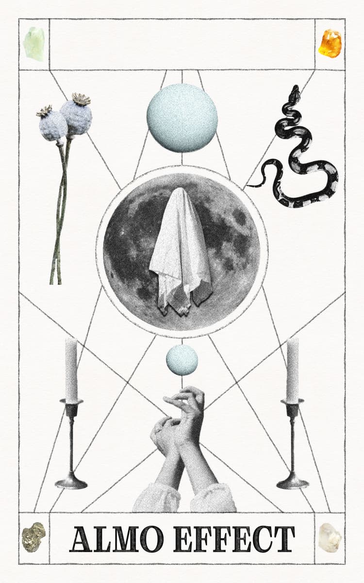 A collection of two candle stands, a snake and two flowers are arranged arround a circle with a moon inside where a ghost is flying on top of the moon. There are some pencil lines and the text ‚ALMO EFFECT‘ is shown below. In the four edges of the image four different gems are shown.