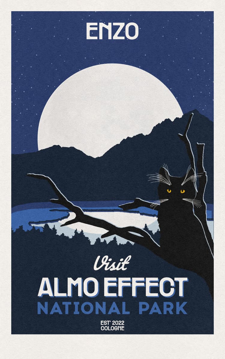 In the night sky with stars, the moon is rising behind mountains and a lake. In front of it a cat is sitting on a tree totally in the shadows. Under the scene ‚Visit „ALMO EFFECT“ National Park‘ is written, above the text ‚ENZO‘ is placed.