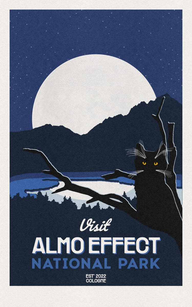 In the night sky with stars, the moon is rising behind mountains and a lake. In front of it a cat is sitting on a tree totally in the shadows. Under the scene ‚Visit „ALMO EFFECT“ National Park‘ is written, above the text ‚ENZO‘ is placed.