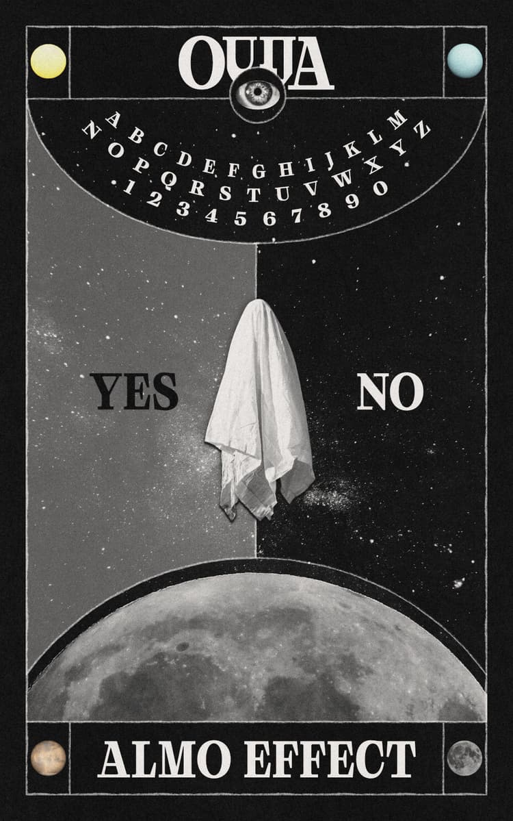 A ouija board is shown with a eye in a circle on top of it and the word 'Ouija' around it. Below a sky with stars is presentend, on the right sight it is brighter and 'YES' is written, on the other side 'NO' a ghost divides the two parts. On the end of the board the text 'ALMO EFFECT' is shown.