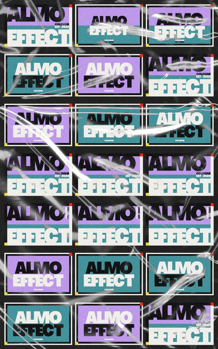 A bunch of logo variants in purple and turkis are arranged in columns of 3 and 7 rows. In all of them the text 'ALMO EFFECT' and 'Cologne, Est. 2022' is written. Above the logo grid a plastic foil effect is applied