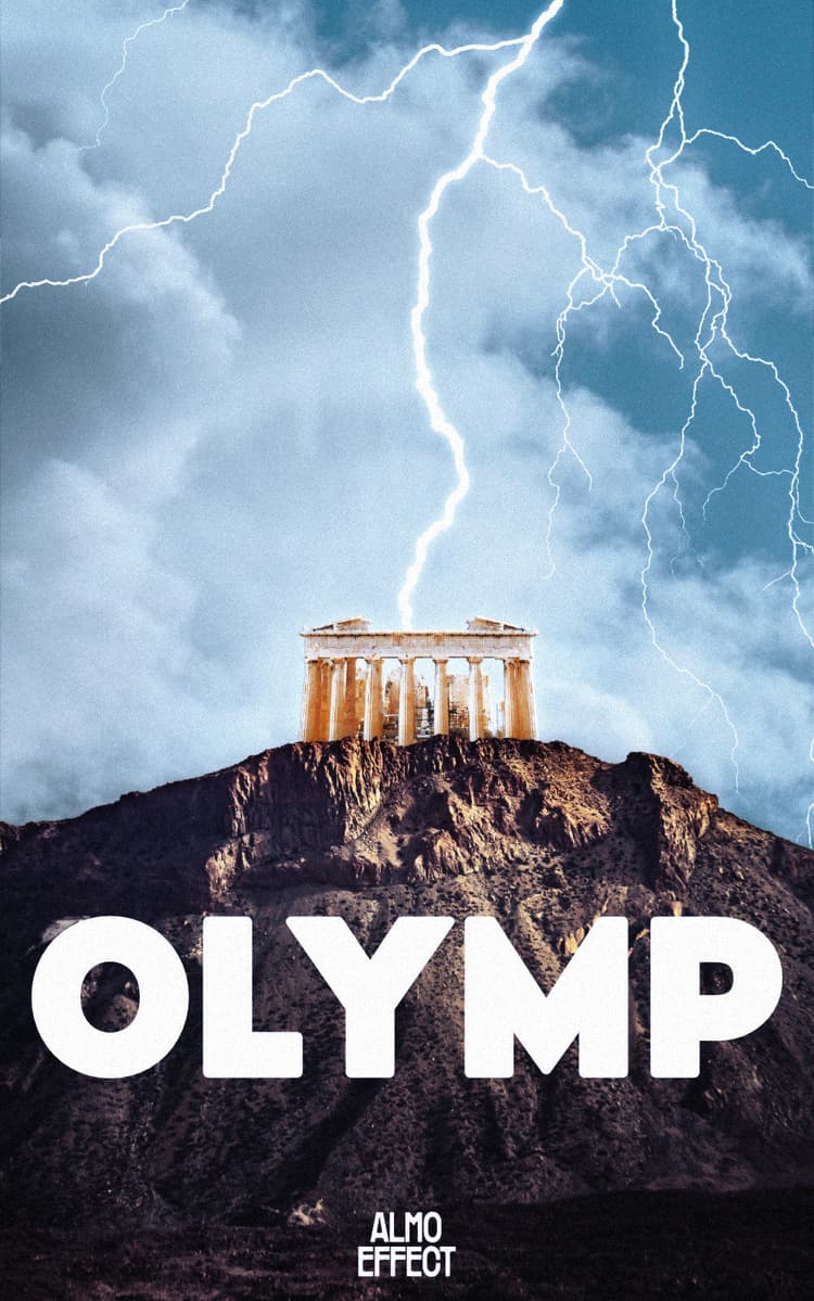A greek temple is shown on top of a big mountain. Thunderstrikes are coming down from the day/night sky and the biggest one is hitting right in the center of the temple.
Above the mountain the word 'OLYMP' is shown. Below that ' ALMO EFFECT' is written