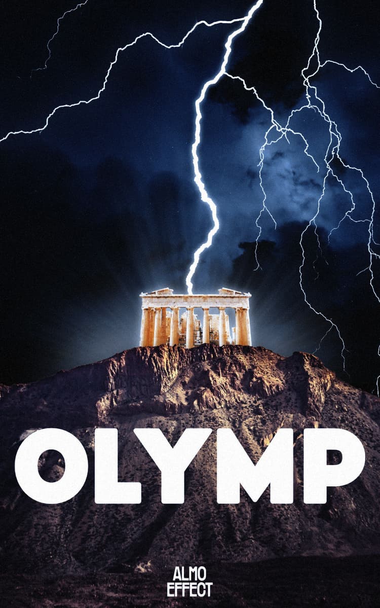 A greek temple is shown on top of a big mountain. Thunderstrikes are coming down from the day/night sky and the biggest one is hitting right in the center of the temple.
Above the mountain the word 'OLYMP' is shown. Below that ' ALMO EFFECT' is written