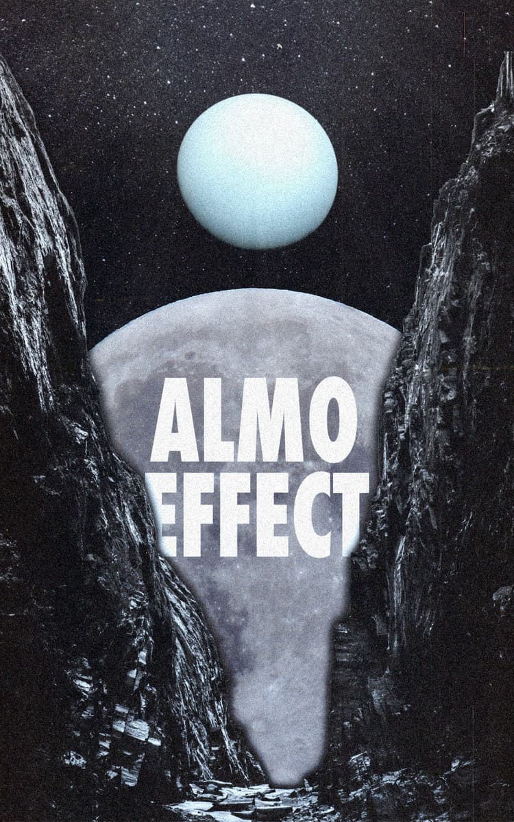 Two giant stone walls are shown left and right, between them the viewer can see through to the background. One can see a giant part of the moon and above it the uranus in front of a stars and space. In front of the moon the text ‘ALMO EFFECT’ is written.