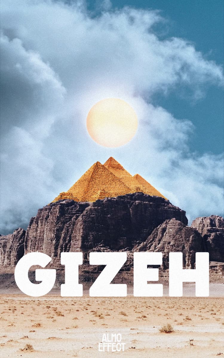 The three pyramids of gizeh are shown on top of a mountain. Above of them a day/night sky with clouds and a big sun/moon is shown. The pyramids seem to shine and down the mountain upon the desert the text ‘GIZEH’ is shown. Below it is also written ‘ALMO EFFECT’.