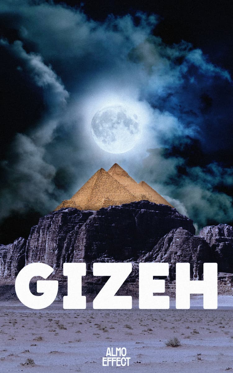 The three pyramids of gizeh are shown on top of a mountain. Above of them a day/night sky with clouds and a big sun/moon is shown. The pyramids seem to shine and down the mountain upon the desert the text ‘GIZEH’ is shown. Below it is also written ‘ALMO EFFECT’.