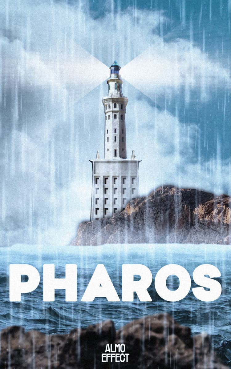 The lighthouse of Alexandria is shown in front of the ocean and some cliffs. Above of them a day/night sky with clouds is visible. The shine of the lighthouse seem to shine and down the clouds. Below the scenery the text ‘PHAROS’ is shown. Below it is also written ‘ALMO EFFECT’.