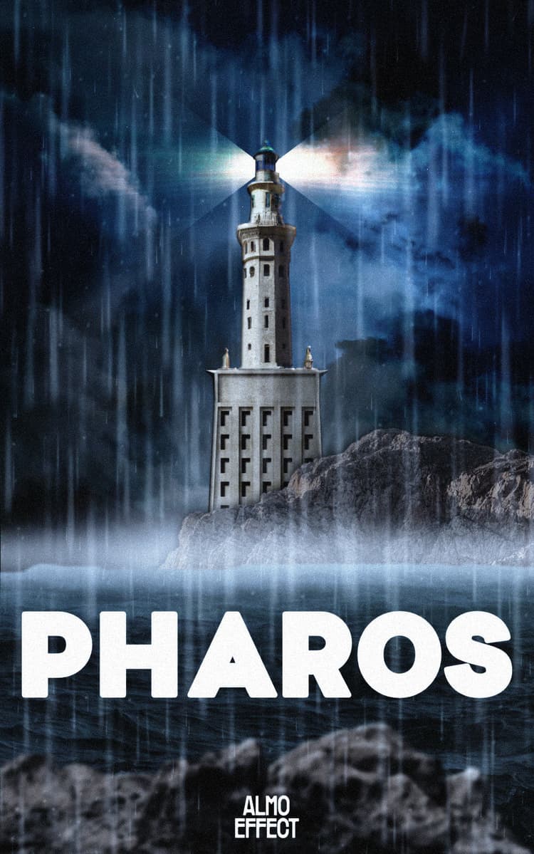The lighthouse of Alexandria is shown in front of the ocean and some cliffs. Above of them a day/night sky with clouds is visible. The shine of the lighthouse seem to shine and down the clouds. Below the scenery the text ‘PHAROS’ is shown. Below it is also written ‘ALMO EFFECT’.