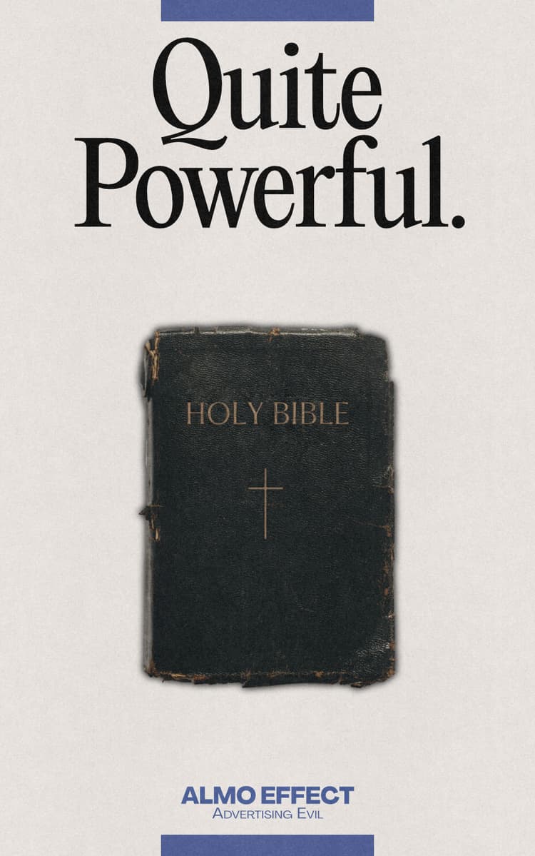 An 90s inspired advertisement series. On top ‘Quiet Powerful.’ is written in big letters. Then a bible is shown. Below that a advertisement text is written, which is AI generated.