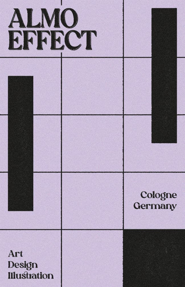 On a purple background thin and wobbly black lines forming a grid of 3x5 squares. On the top left ‘ALMO EFFECT’ is written, on the bottom left ‘Art, Design, Illustration’ as well as on the right ‘Cologne Germany’. Beside the grid two tall squares are on the left and right side of the grid starting under the title text on the left and on the top of the canvas on the right. On the bottom right one square is painted black.