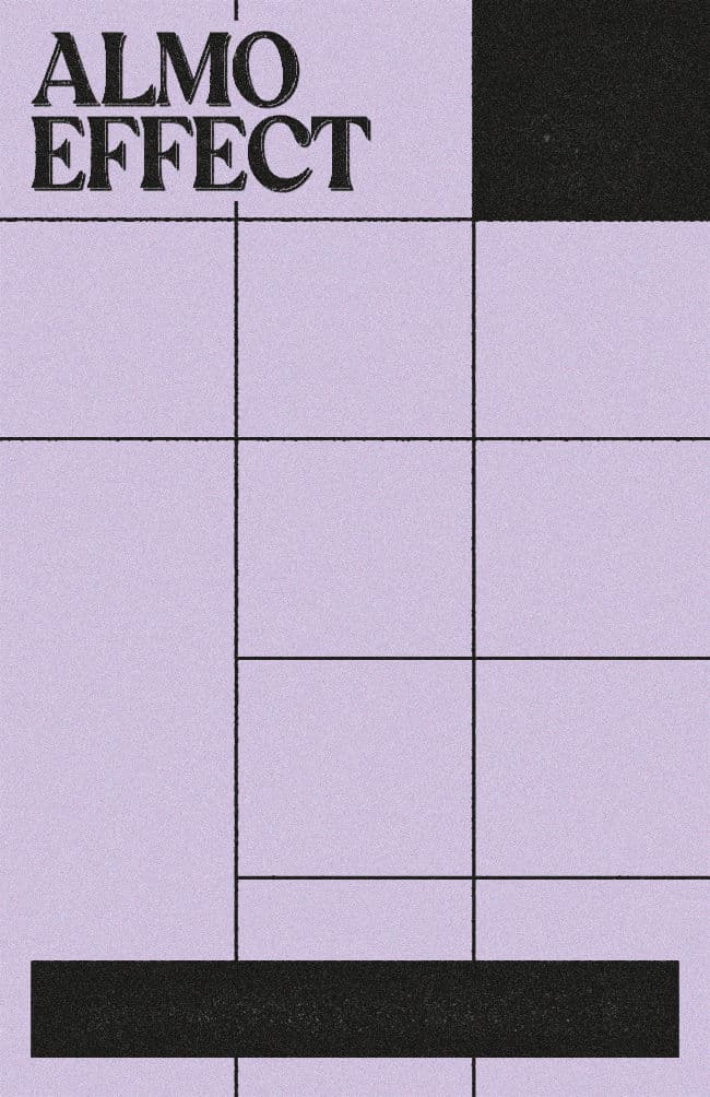 On a purple background thin and wobbly black lines forming a grid of 3x5 squares. On the top left ‘ALMO EFFECT’ is written, on the bottom left ‘Art, Design, Illustration’ as well as on the right ‘Cologne Germany’. Beside the grid two tall squares are on the left and right side of the grid starting under the title text on the left and on the top of the canvas on the right. On the bottom right one square is painted black.