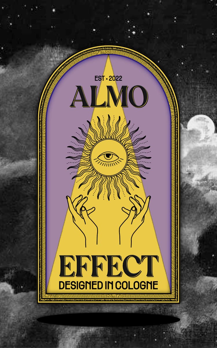 In front of a cloudy night sky with the moon and stars a yellow sign is presented. At this sign the words ‘ALMO EFFECT’, ‘DESIGNED IN COLOGNE’ and ‘EST. 2022’ is written. Along with a sun with an eye in it, two praising hands and another sun at the end. The corners of the sign are rounded.