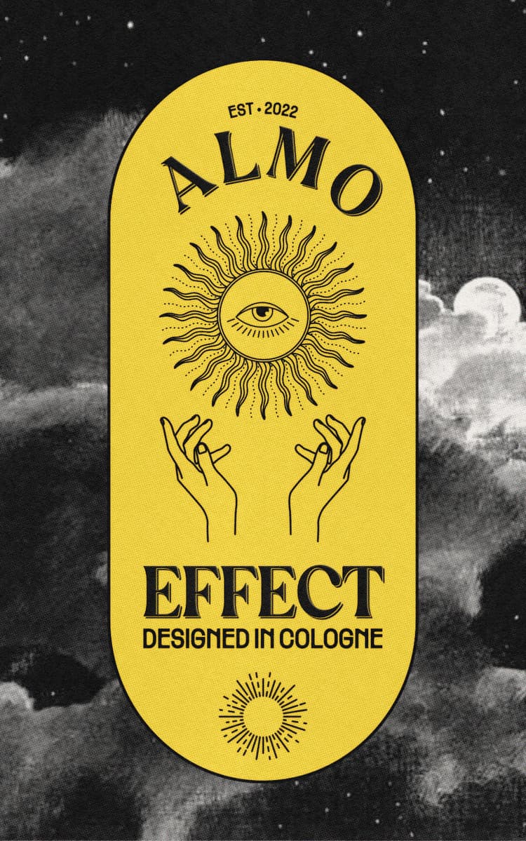 In front of a cloudy night sky with the moon and stars a yellow sign is presented. At this sign the words ‘ALMO EFFECT’, ‘DESIGNED IN COLOGNE’ and ‘EST. 2022’ is written. Along with a sun with an eye in it, two praising hands and another sun at the end. The corners of the sign are rounded.