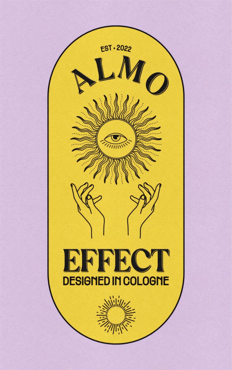 In front of a cloudy night sky with the moon and stars a yellow sign is presented. At this sign the words ‘ALMO EFFECT’, ‘DESIGNED IN COLOGNE’ and ‘EST. 2022’ is written. Along with a sun with an eye in it, two praising hands and another sun at the end. The corners of the sign are rounded.