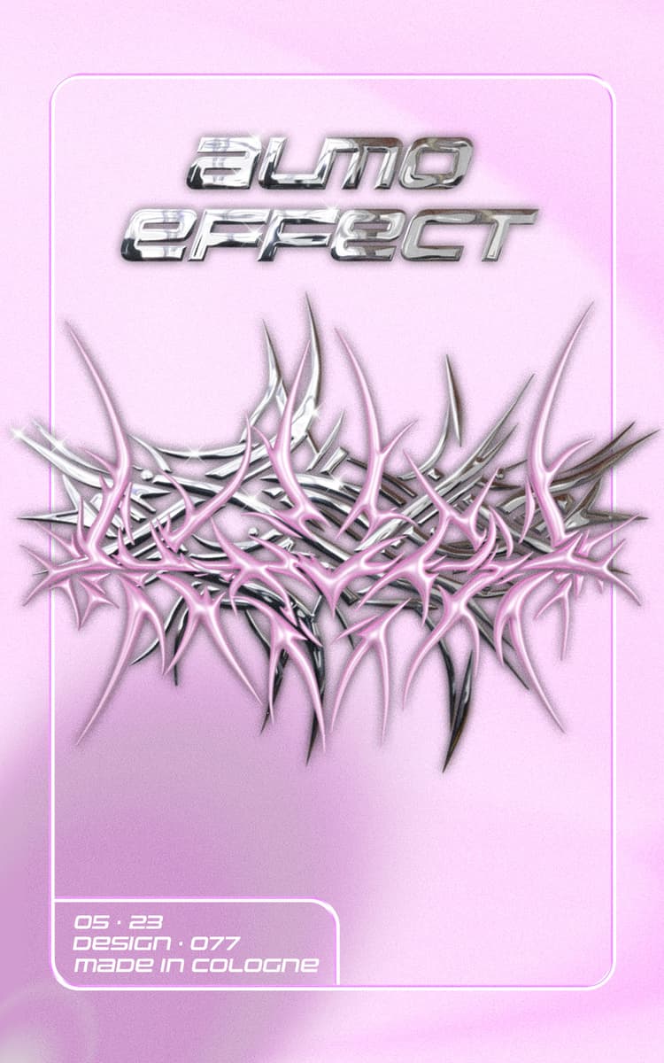 On a pink gradient based canvas a purple border is shown. Inside the border the text ‘ALMO EFFECT’ is shown in chrome letters. Below two tribals are merged into each other. One is chrome and one pink. Below that the text ‘05 . 23’, ‘Design 077’ and ‘Made in Cologne’ are written. It has a Y2K touch.