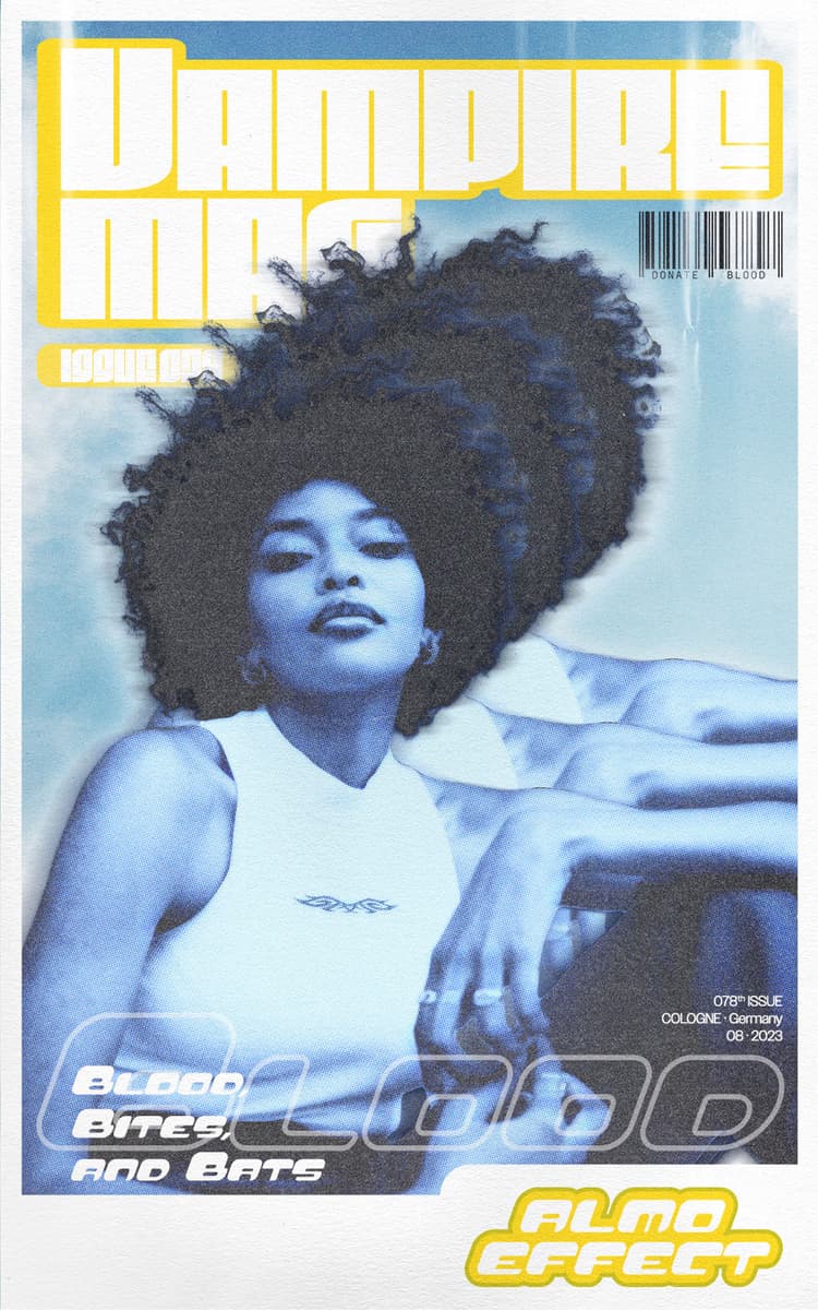 Inside a white frame there is woman sitting in a white shirt and displayed in a 2000s like halftone effect which has two stacked duplicates behind her. Behind her head, there is in big letters written ‘VAMPIRE MAG’ below that a barcode is shown. On the bottom there is the text ‘Blood, Bites, and Bats’ shown, as well as ‘ALMO EFFECT’. All is held in a Y2K inspired look with the colors yellow and blue and appears as a magazine cover with barcode and issue informations.