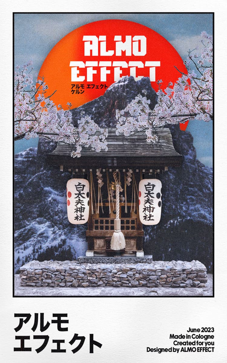 In front of a blue cloudy sky, a big mountain and a red sun is shown. In front of the mountain a japanese temple with two lanterns with black letters and red accents are above a ancient stone podium is presented. The whole scenery is wrapped in a 70s like movie poster with ‘ALMO EFFECT’ written in japenese letters and some other text around it. There is also ‘ALMO EFFECT’ written in latin letters as well as ‘COLOGNE’ in japanese ones right before the red sun.
